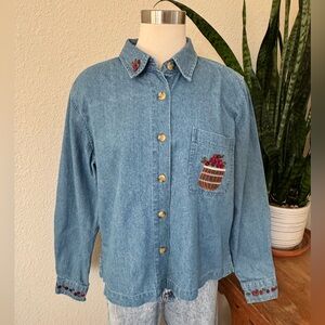 Vintage Embroidered Denim Shirt Berry‎ Basket Detail  100% Cotton large fall